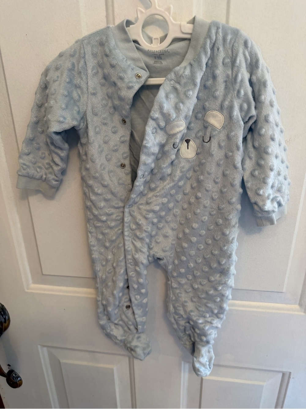 Plush Light Blue Baby Footed One-Piece with Bear Applique